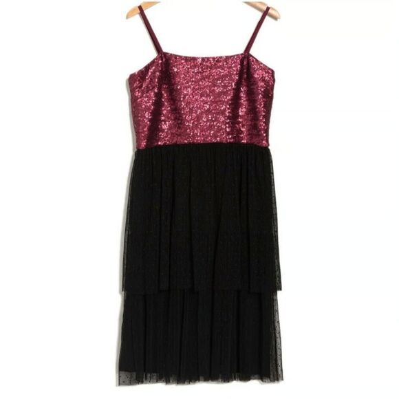 Dress the Population Women Sz XL Merlot Red Kady Sequin Tiered Tulle Midi Dress - Picture 1 of 15